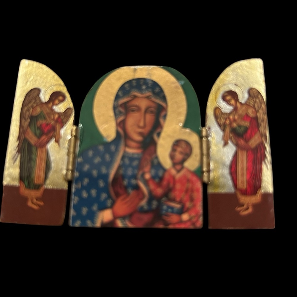 Vtg Wood Hinged Christan Greek Orthodox Triptych Virgin Mary Jesus Angels Italy